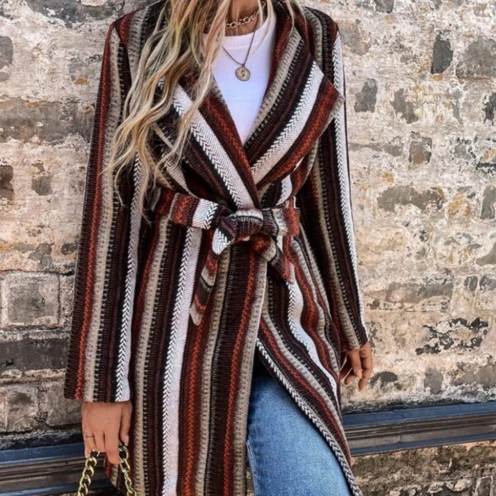 Tweed Striped Waterfall Front Belted Coat Brown - Picture 9 of 12